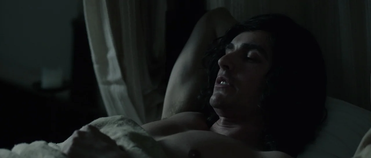 The Little Hours (2017) movie still: closeup — A dark bedroom with light-colored curtains visible in the background and soft bedding. A young man…