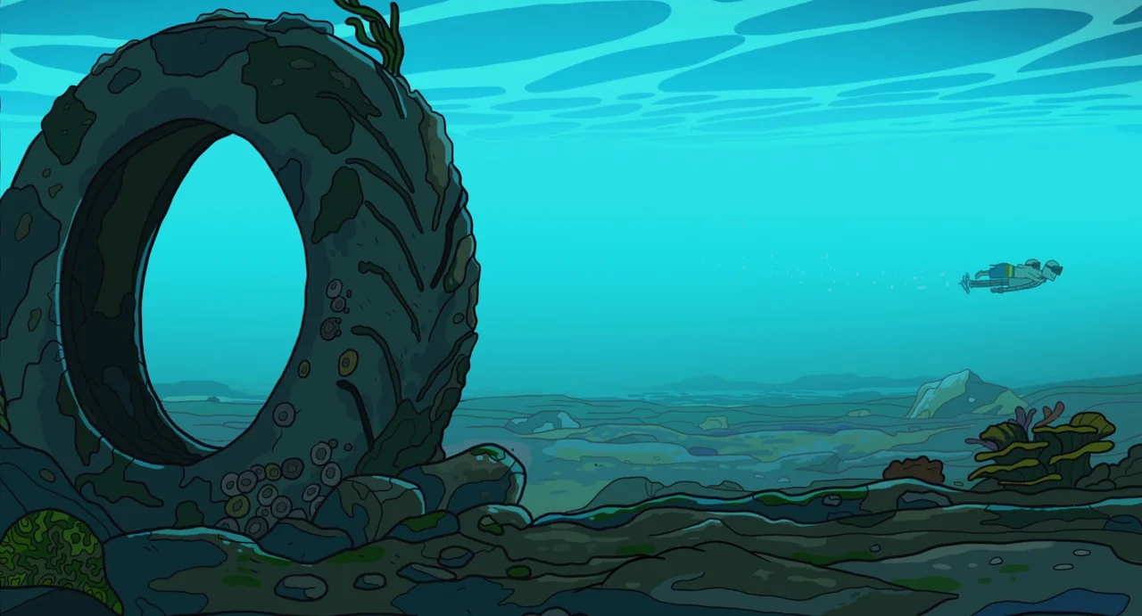 Robot Dreams (2023) movie still: wide — An underwater seabed features a large, moss-covered discarded tire on the left side. A lone swimmer moves…