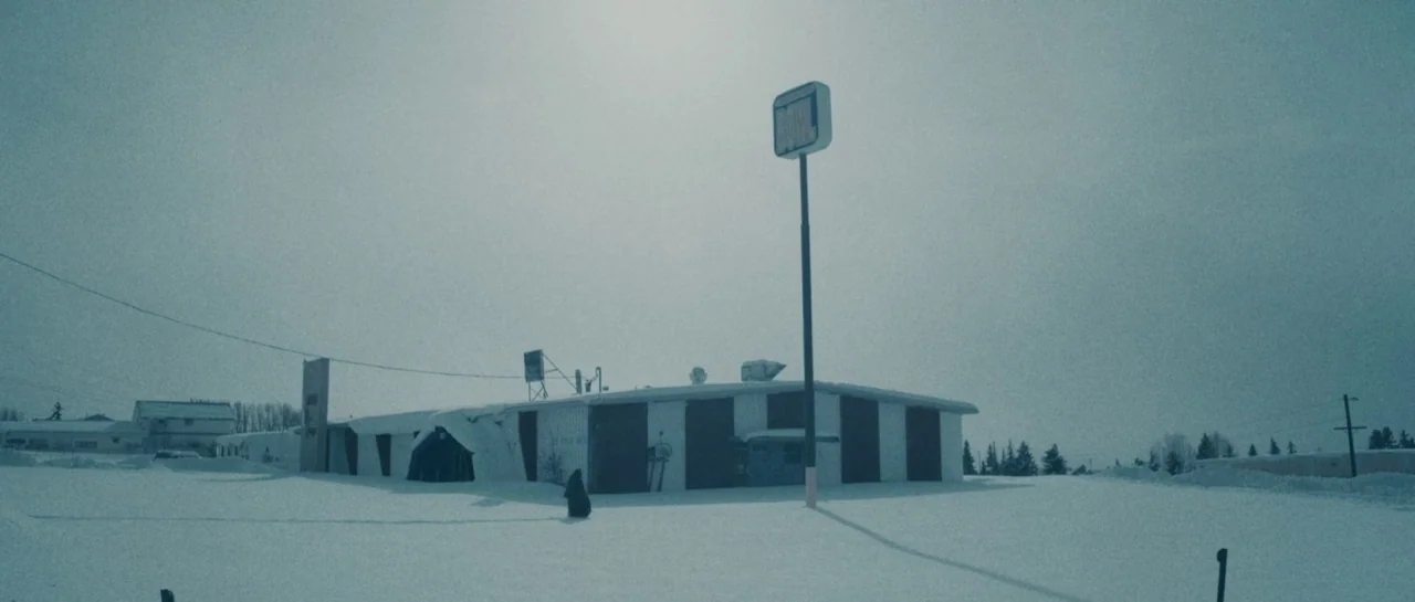 Starfish (2018) movie still: establishing — A single-story bowling alley building stands in a wide, snow-covered rural landscape. The structure…