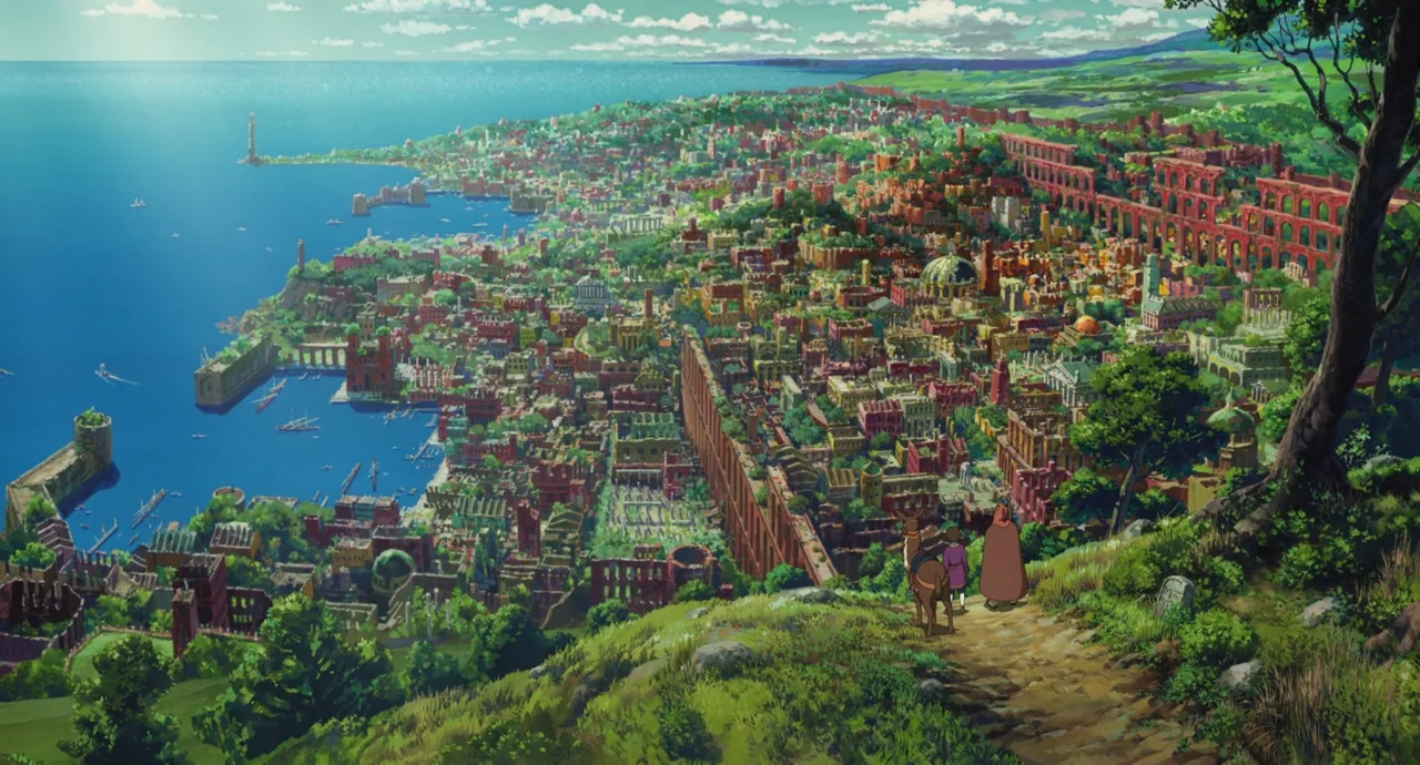 Tales From Earthsea (2006) movie still: establishing — A vast ancient city built along a blue coastline with stone aqueducts and walls. A traveler…