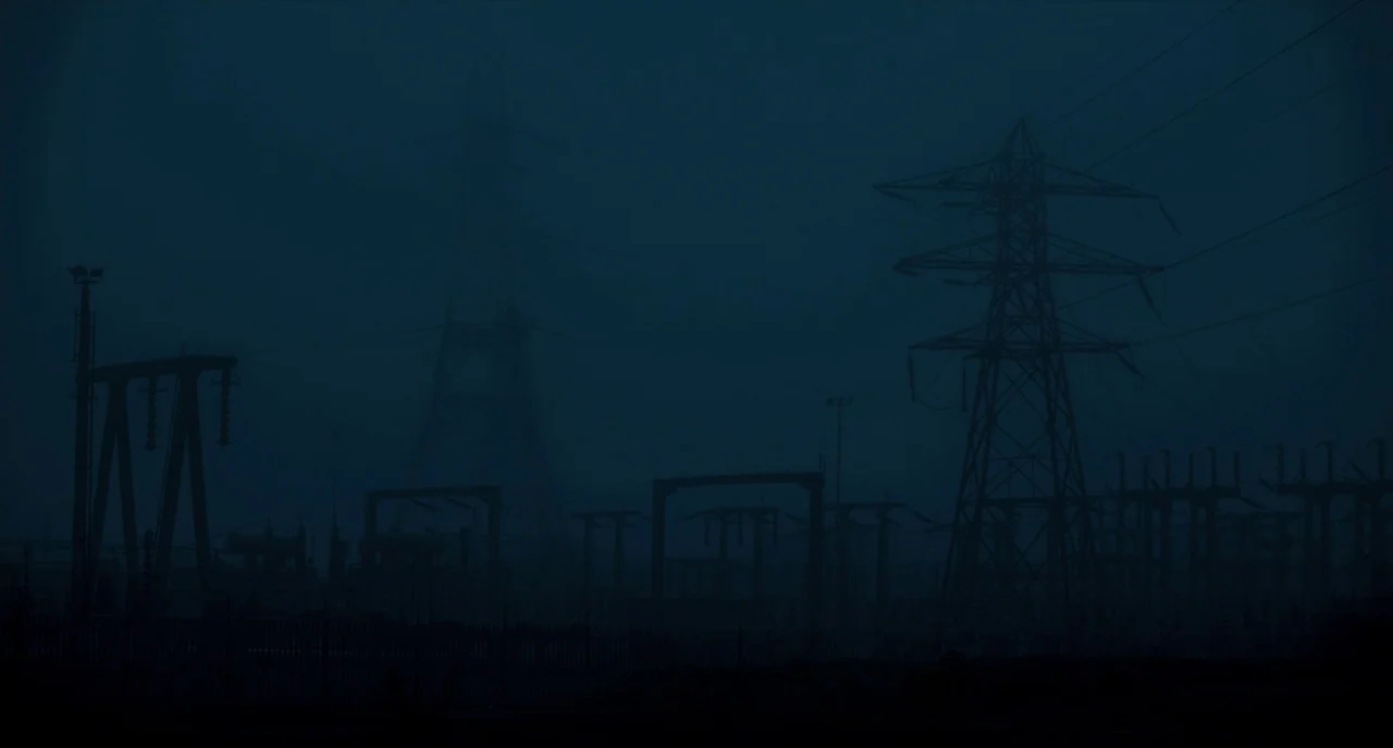 The Selfish Giant (2013) movie still: wide — An electrical substation with metal towers and power lines stands in the dark. The structures are…