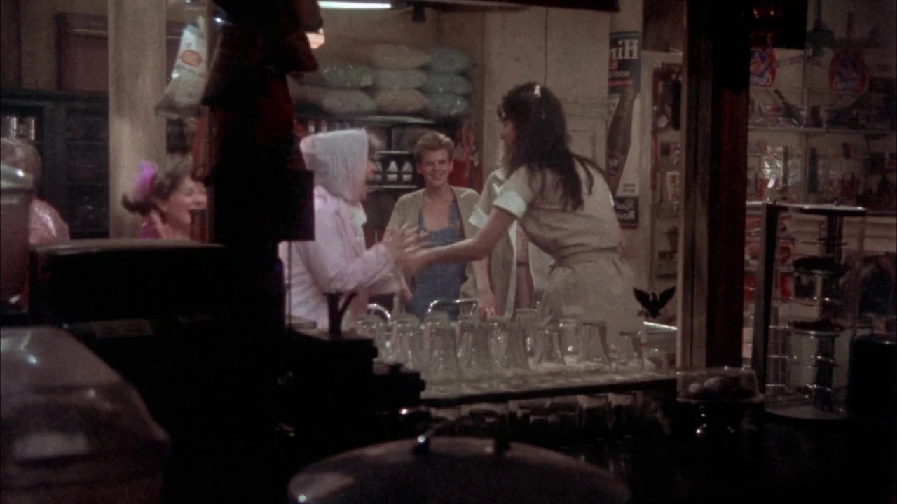 Come Back to the 5 & Dime Jimmy Dean, Jimmy Dean (1982) movie still: medium — A cluttered diner counter features multiple clear glass tumblers and…