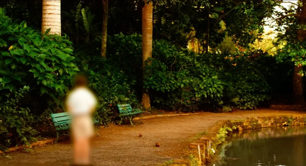 Life During Wartime (2009) movie still: fullbody — A dense park path borders a calm pond surrounded by thick lush green foliage. A blurred figure…