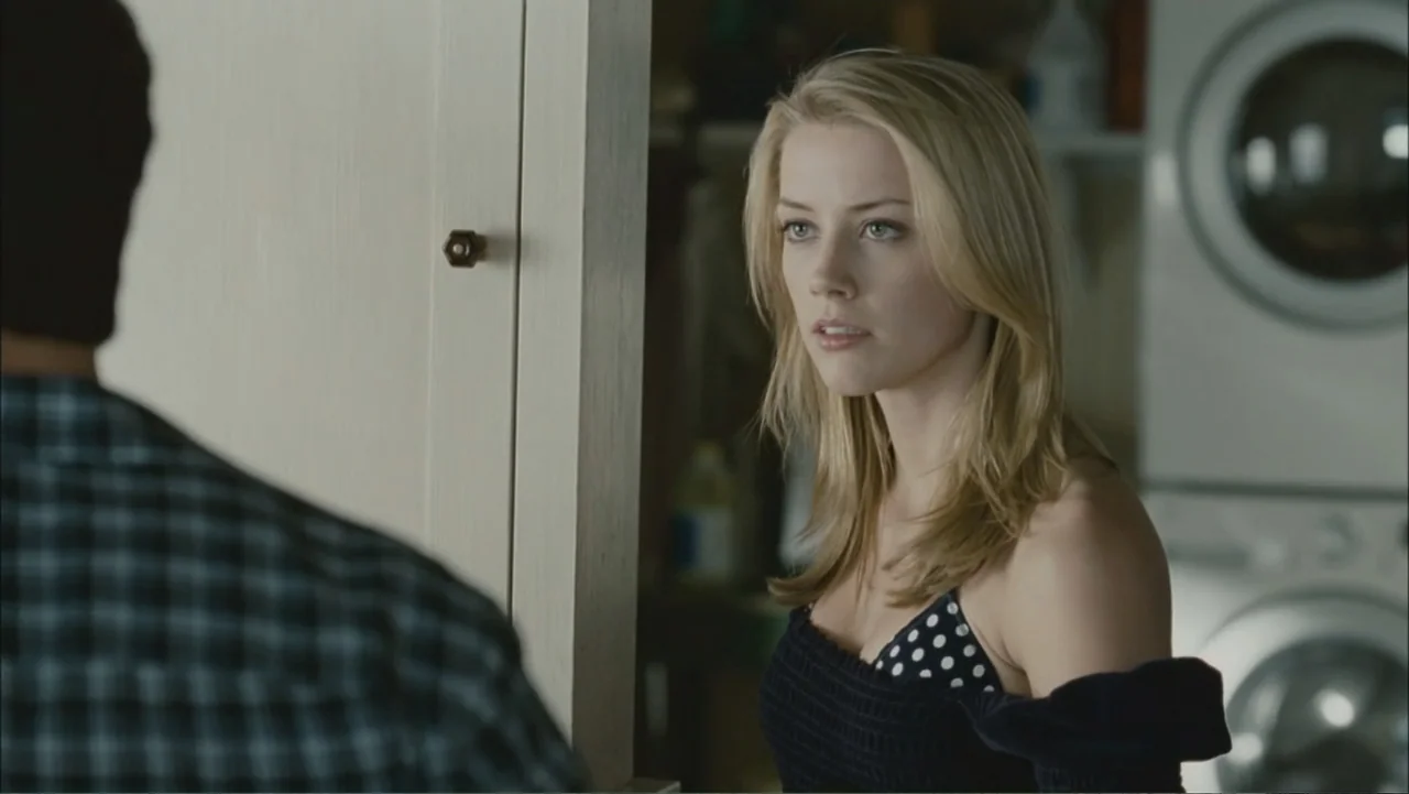 The Stepfather (2009) movie still: medium — A laundry room with white cabinetry and a stacked dryer unit visible. A woman faces an out-of-focus man…