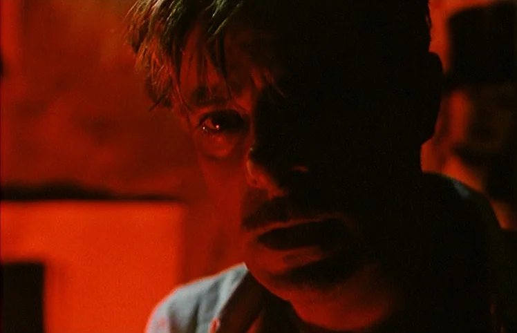 Lili Marleen (1981) movie still: closeup — A man's face is partially obscured in shadow inside a room bathed in red light. He stares directly ahead…