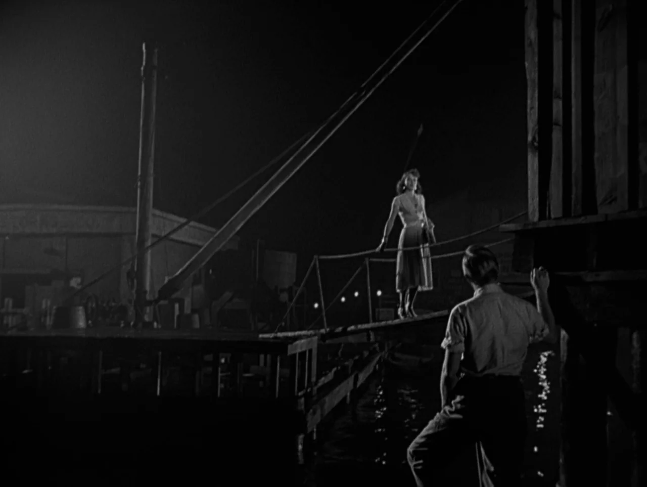 Pickup on South Street (1953) movie still: wide — A dark wooden pier extends over calm water at night under artificial light. A man stands in the…