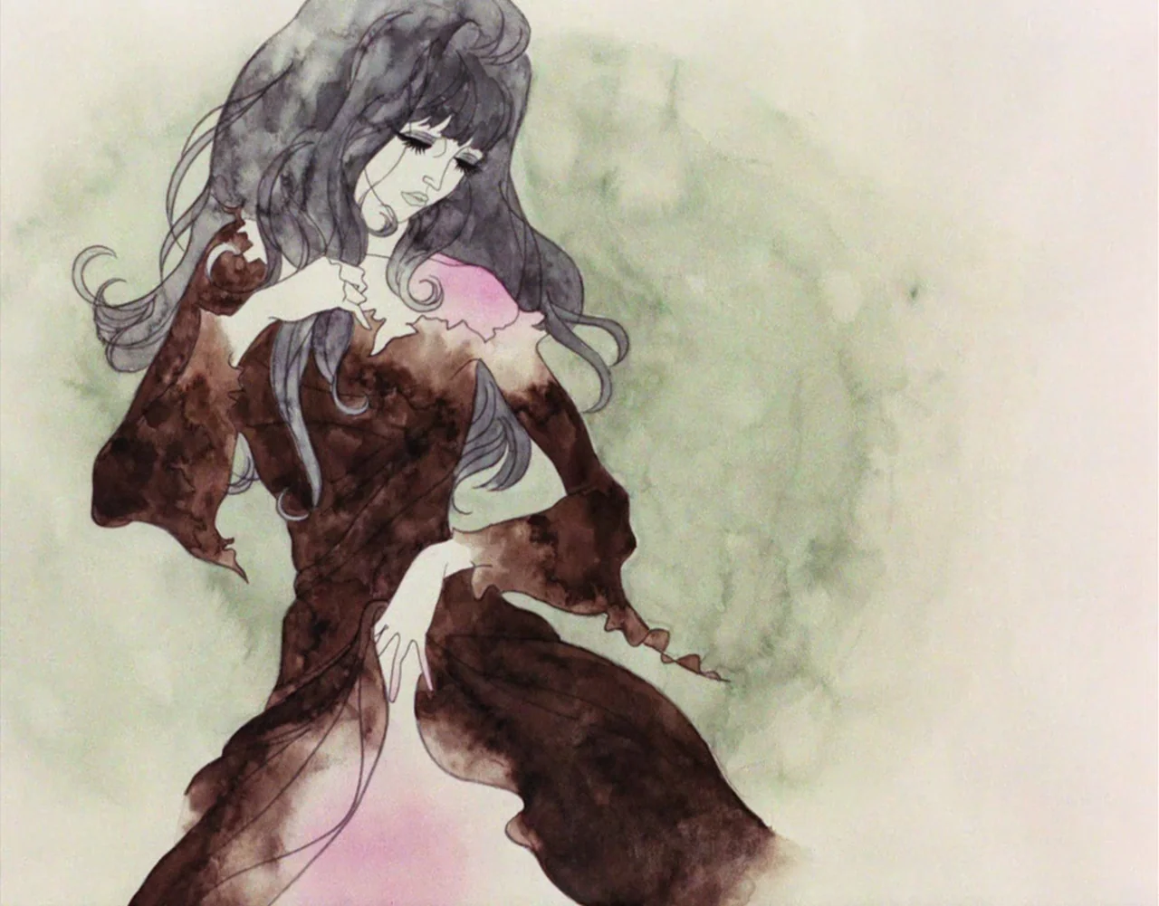 Belladonna of Sadness (1973) movie still: medium — A figure stands against a watercolor-style olive and off-white abstract background. The woman…