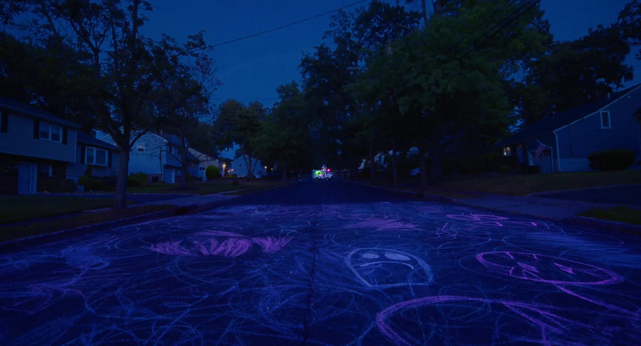 I Saw The TV Glow (2024) movie still: wide — A residential suburban road at night features glowing purple and white chalk drawings. An ambulance…