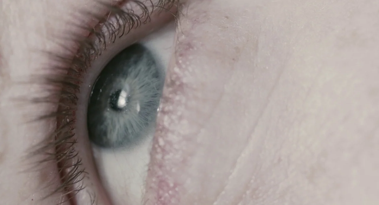 Antiviral (2012) movie still: closeup — An extreme close-up focuses on a single human eye with light blue irises. Fine skin texture, eyelashes, and…