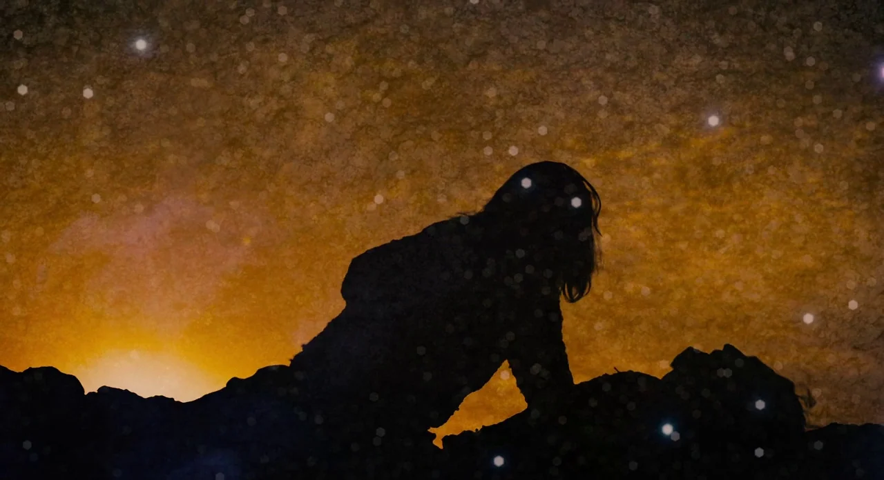 Noah (2014) movie still: medium — A dark, textured silhouette stands against an orange, glowing sky filled with bokeh lights. The individual leans…