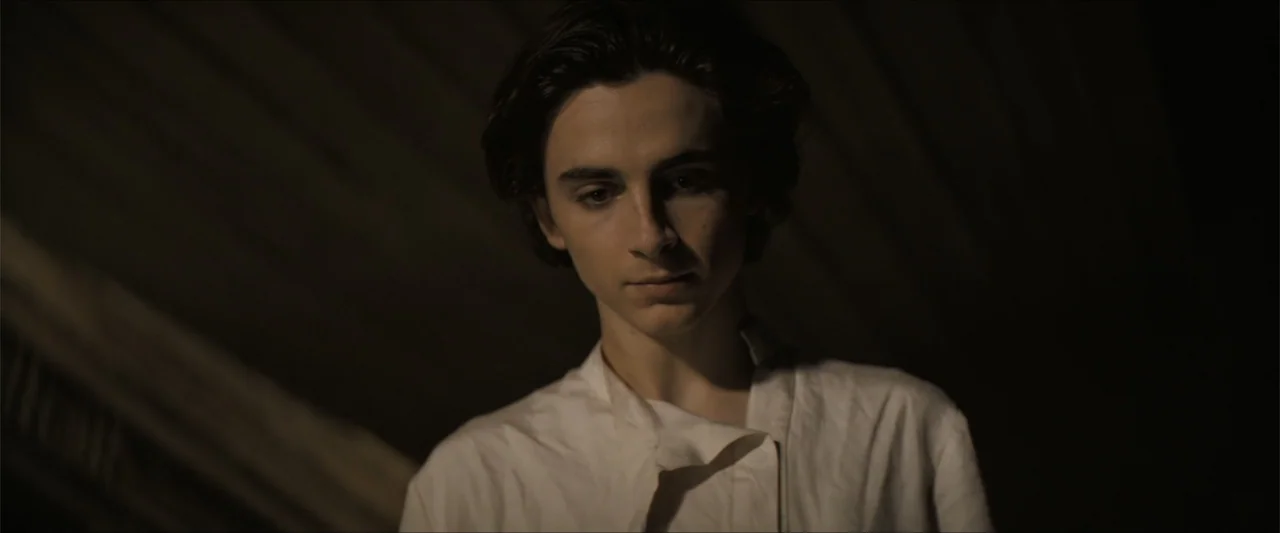 Dune (2021) movie still: closeup — A dimly lit stone chamber with dark wooden textures in the background. A young man in a white linen shirt looks…