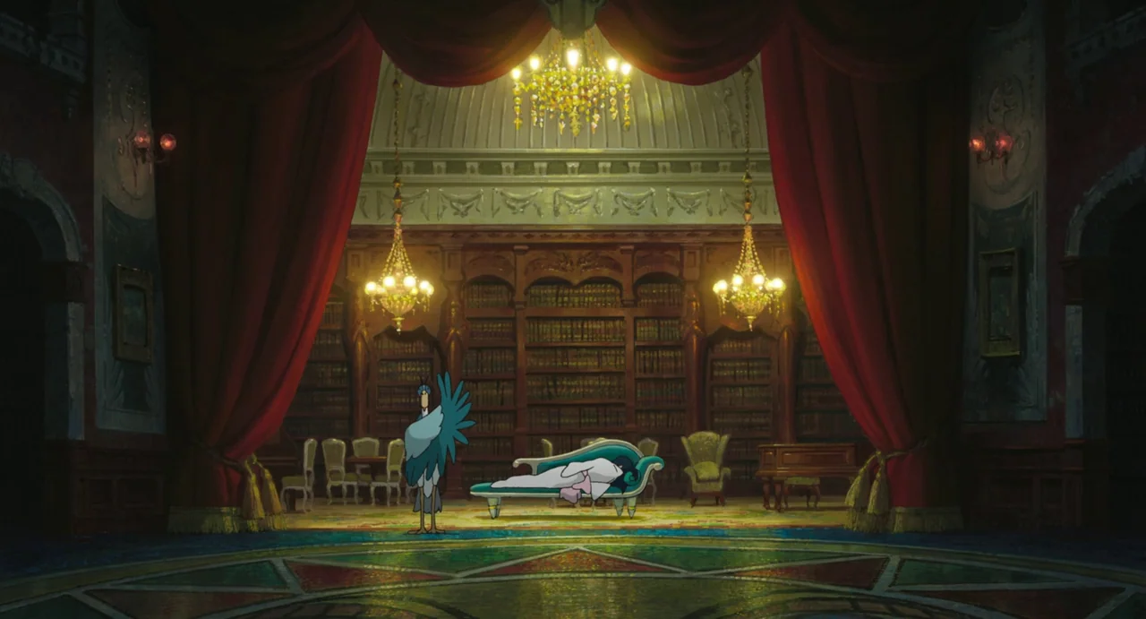 The Boy and The Heron (2023) movie still: wide — A grand library features tall mahogany bookshelves, heavy red velvet curtains, and ornate…