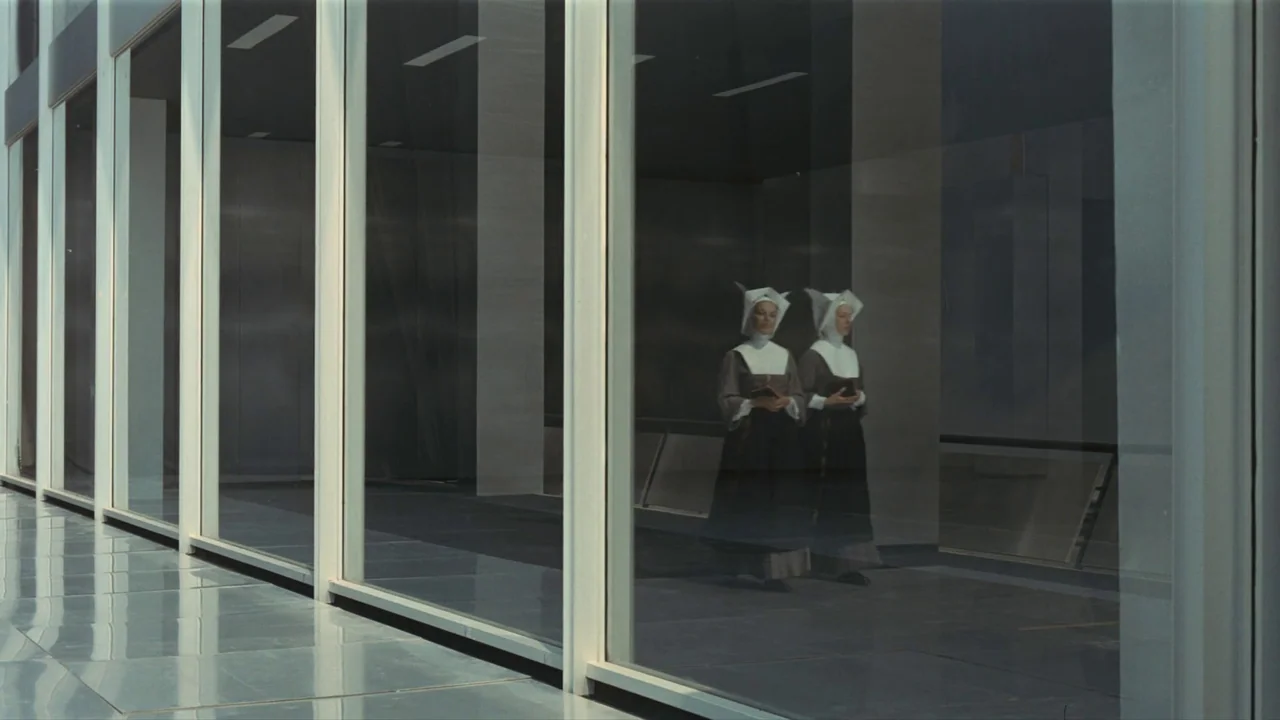 Playtime (1967) movie still: wide — A modernist glass-walled corridor features clean white framing and reflective panels. Two women dressed in…