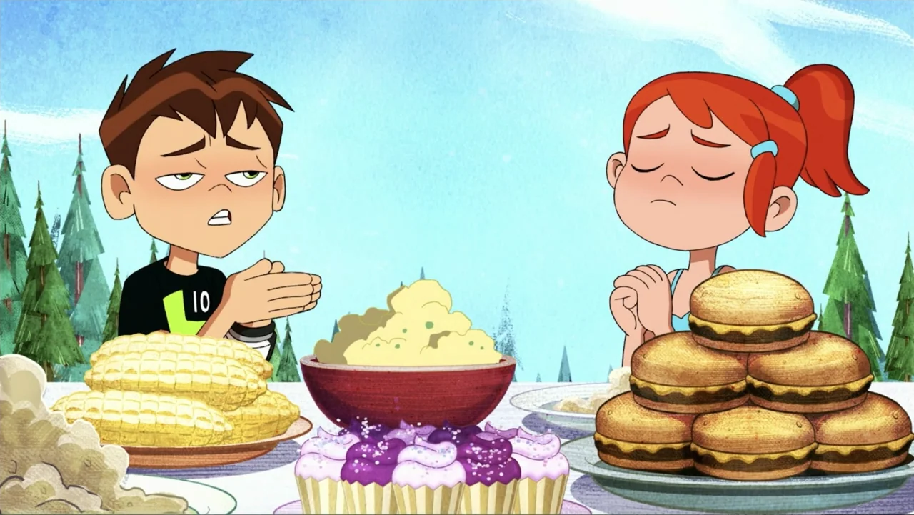 Ben 10: Ben 10,010 (2021) movie still: medium — A cartoon forest scene features two characters sitting at a table with food. The characters have…