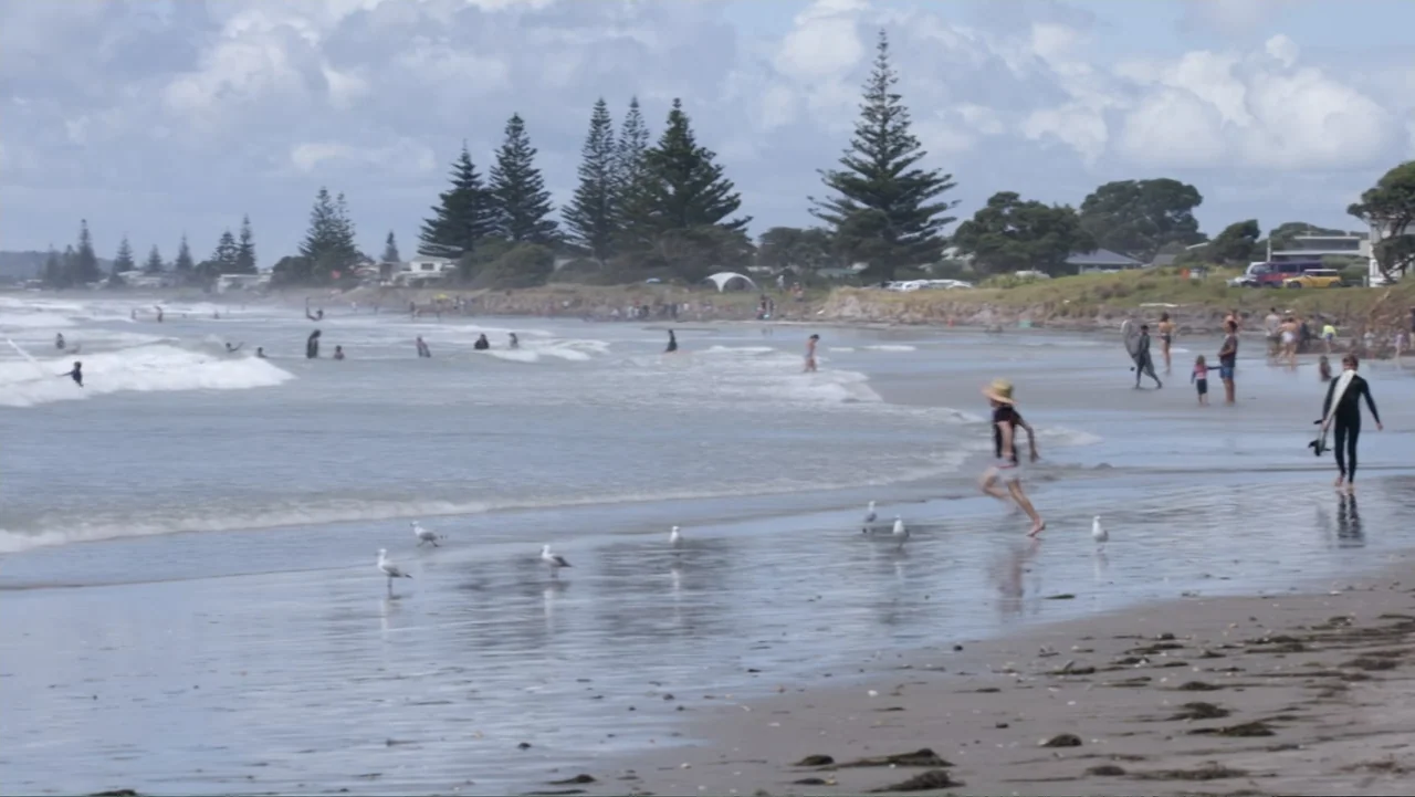 Jaws in the Shallows (2023) movie still: wide — A wide sandy shoreline with small waves and distant figures scattered along the coast. A young child…