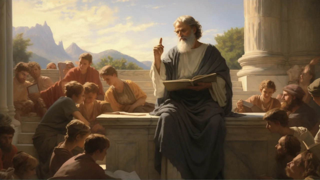 The Atlantis Puzzle (2024) movie still: fullbody — An ancient open-air stone classroom sits beneath clear skies with distant mountains visible. An…