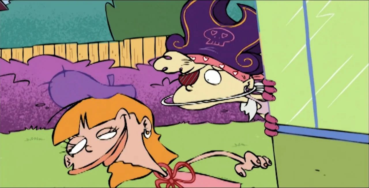 Ed, Edd n Eddy's Big Picture Show (2009) movie still: medium — A suburban backyard featuring purple bushes, a green lawn, and a wooden fence. A girl…