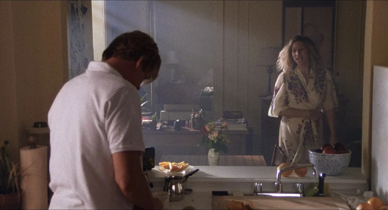 The Prince of Tides (1991) movie still: medium — A bright home interior features a kitchen counter with a sink and various produce. A man works at…