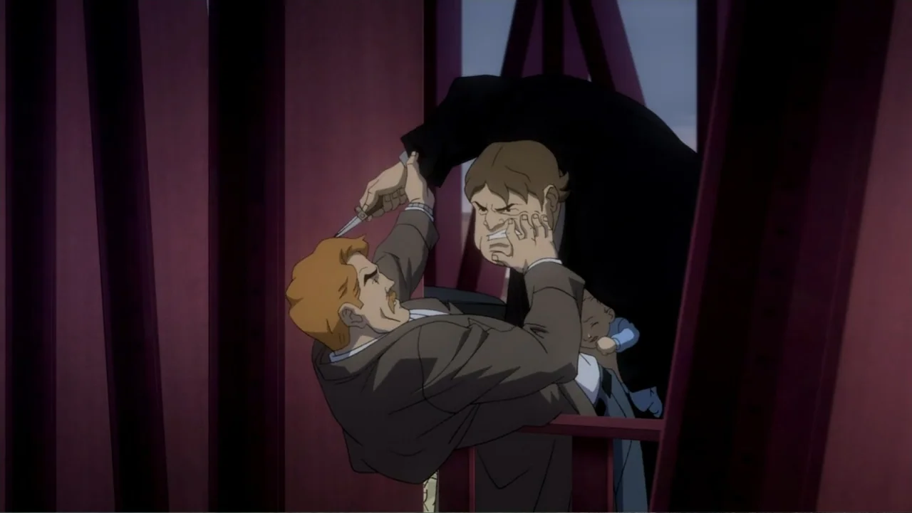 Batman: Year One (2011) movie still: medium — A metal bridge truss structure frames two figures in a physical struggle. One man holds a knife while…