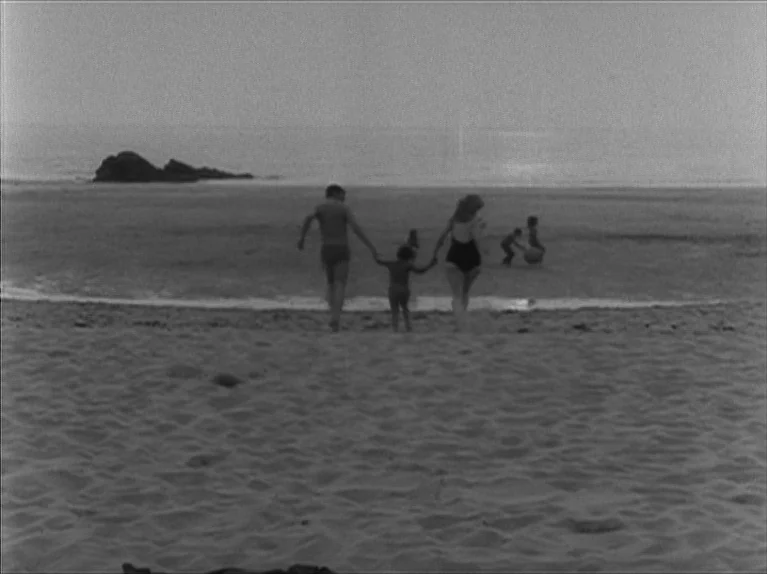 My Night At Maud’s (Ma Nuit Chez Maud) (1969) movie still: wide — A flat sandy coastline meets the horizon line under a bright overcast sky. A man,…