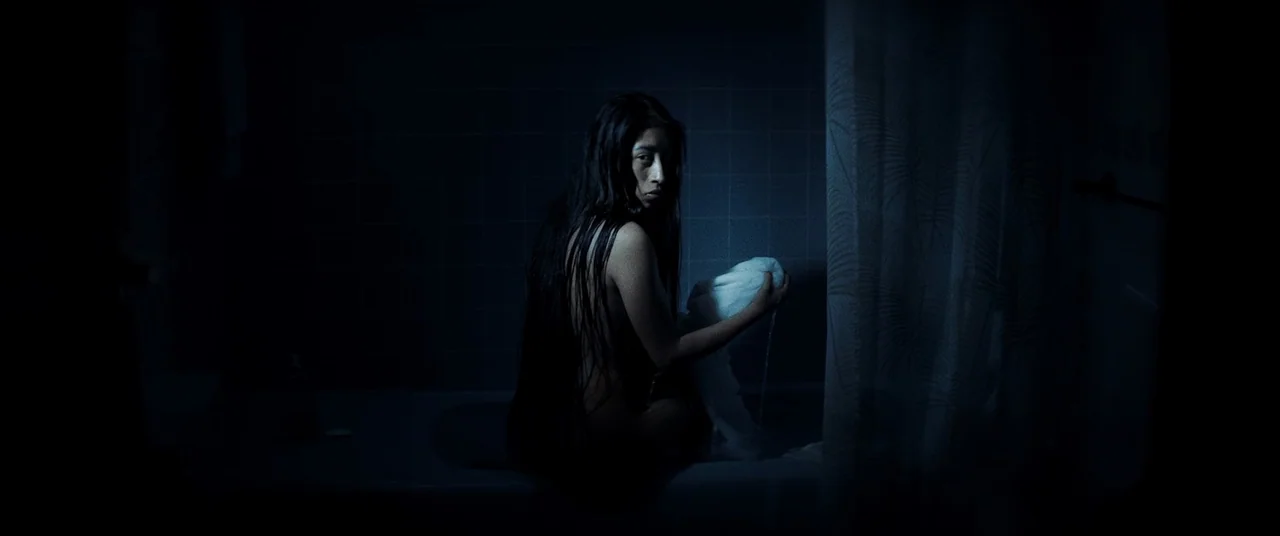 La Llorona (2019) movie still: medium — A dimly lit bathroom features tiled walls and a partially obscured shower curtain. A woman with long hair…