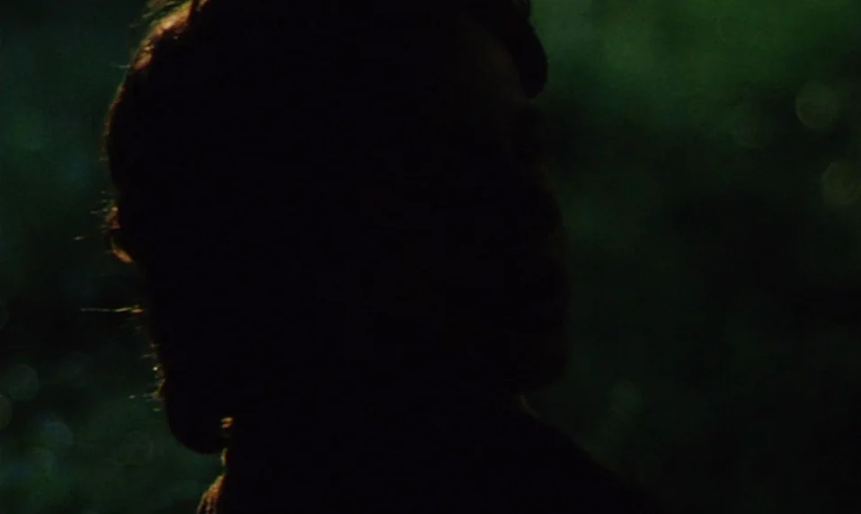 Black Jack (1979) movie still: closeup — A person is shown in silhouette against a dark, out-of-focus natural environment. The subject stands with…