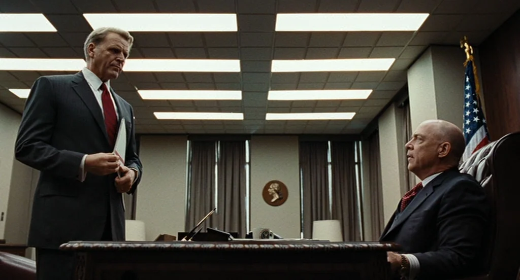 Burn After Reading (2008) movie still: medium — A formal office space features a wooden desk, ceiling tiles, and tan curtains. Two men in suits…