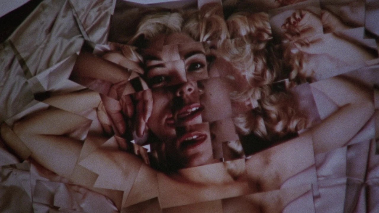 Insignificance (1985) movie still: closeup — A collection of overlapping glossy photographs creates a fractured composite image of a woman. The…