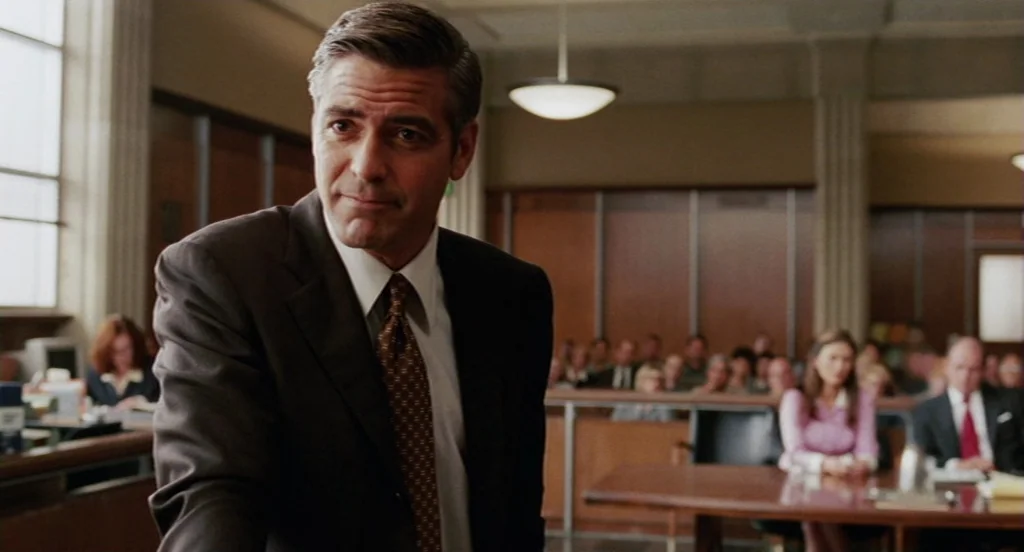 Intolerable Cruelty (2003) movie still: medium — A courtroom interior with wood paneling and people sitting at tables in the background. George…