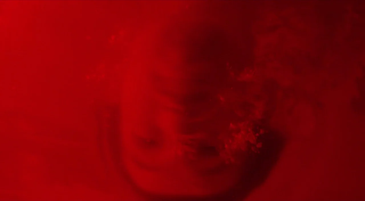 Shallow Grave (1994) movie still: closeup — A person's face is submerged in a basin filled with deep red liquid. Bubbles rise from the surface near…