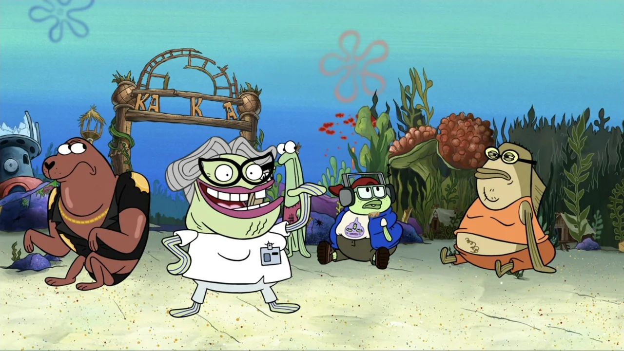 SpongeBob Squarepants: Kreepaway Kamp (2024) movie still: fullbody — An outdoor sandy area features a wooden entrance arch and various sea plants.…