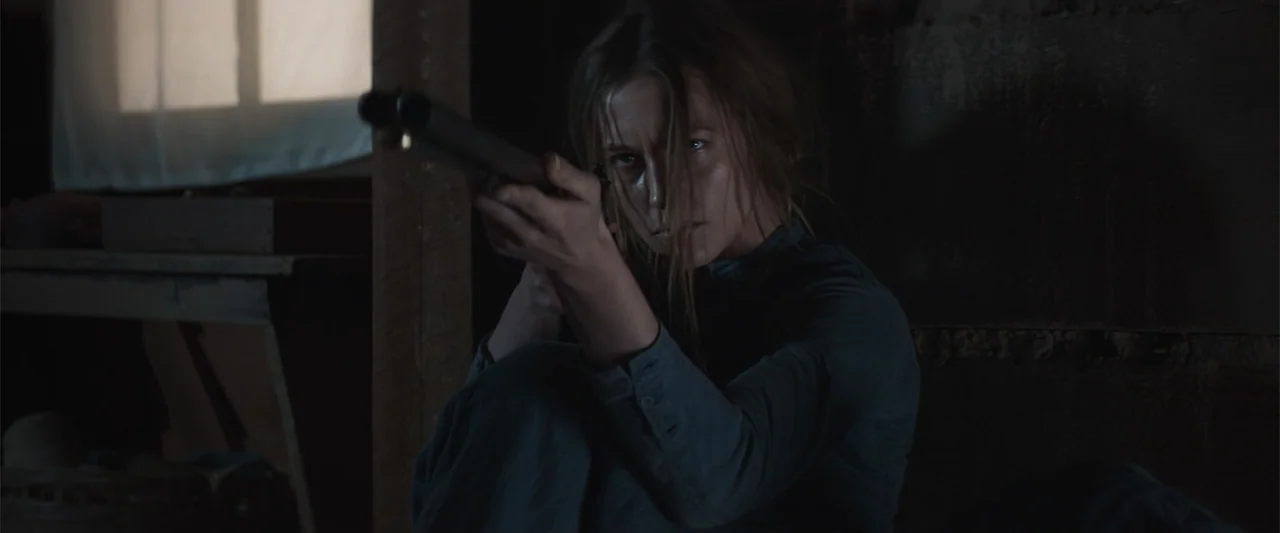 The Wind (2005) movie still: medium — A dimly lit log cabin interior features rough wooden walls and a small window. A woman with disheveled hair…