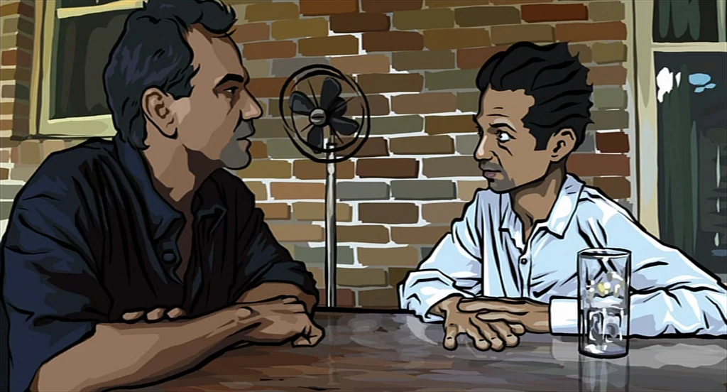 Waking Life (2001) movie still: medium — A man in a dark shirt and another in a light shirt converse.