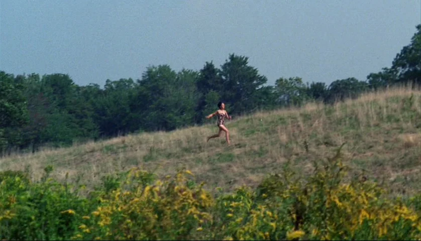 Let’s Scare Jessica To Death (1971) movie still: wide — A grassy hill with patches of tall weeds under a clear blue sky. A woman in a patterned…
