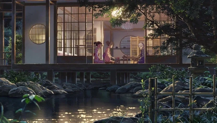 Your Name (2016) movie still: wide — A traditional Japanese house with sliding glass doors sits above a stone-rimmed pond. Three women in kimonos…