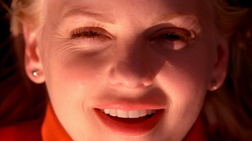 Smiley Face (2007) movie still: closeup — A close portrait shot of a woman with light hair in a warm environment. The subject looks directly into…