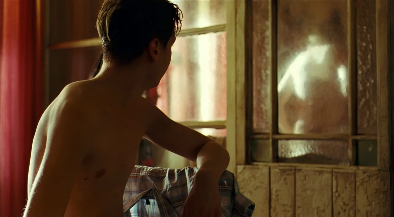 The Reader (2008) movie still: medium — An interior space features a textured, light-colored wooden door with a translucent glass pane. A shirtless…