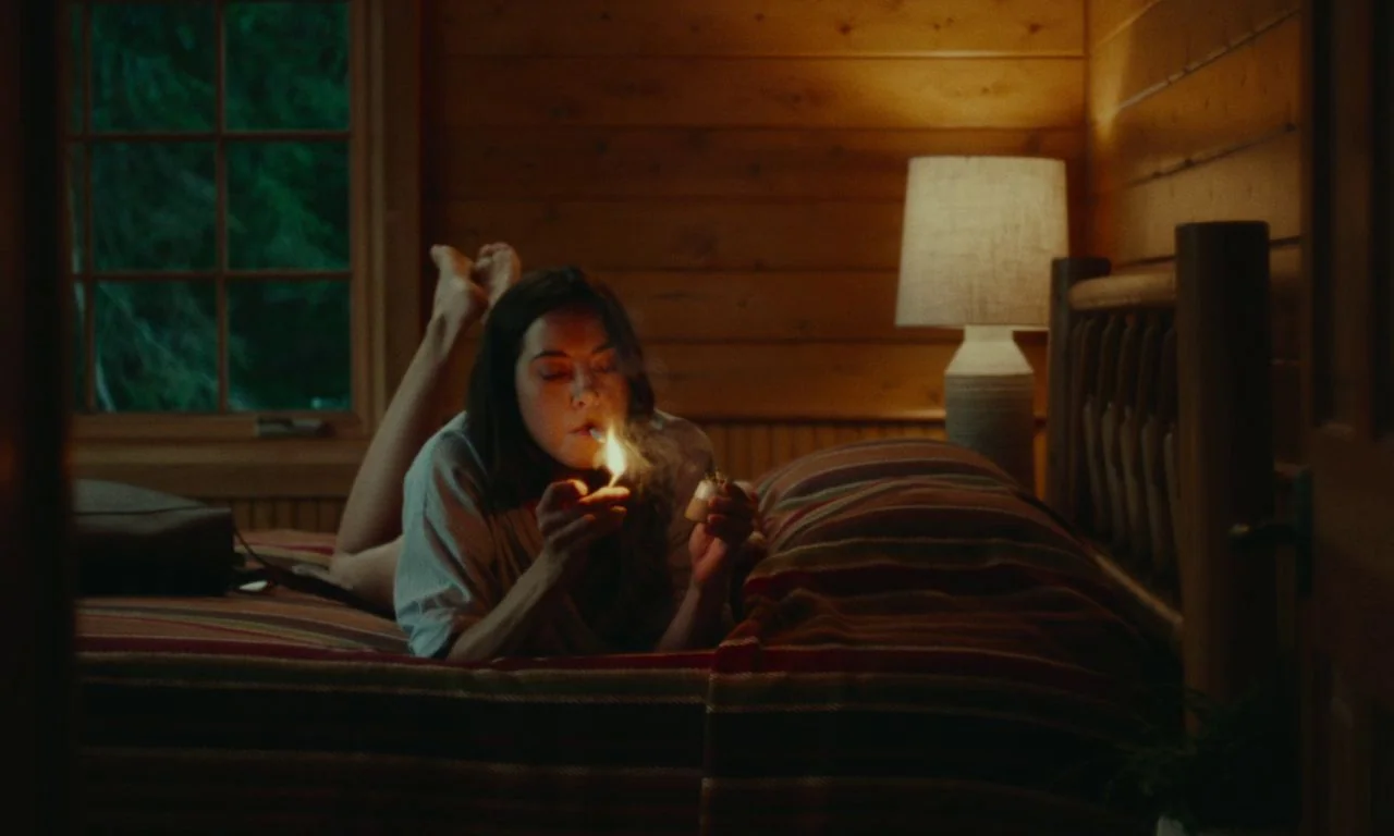Black Bear (2020) movie still: medium — A dark wooden room with pine walls and a bed featuring a striped blanket. A young woman lies on the bed and…
