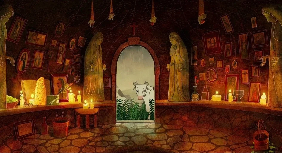 Song of the Sea (2014) movie still: wide — A stone shrine interior features walls lined with numerous framed religious icons and statues. A cow…