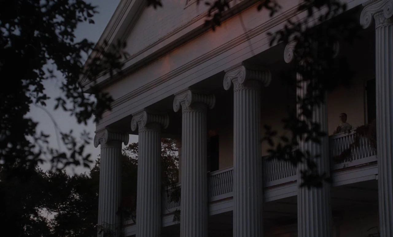 The Beguiled (2017) (2017) movie still: wide — A Southern antebellum mansion features white Ionic columns and a double-tiered wooden porch.…