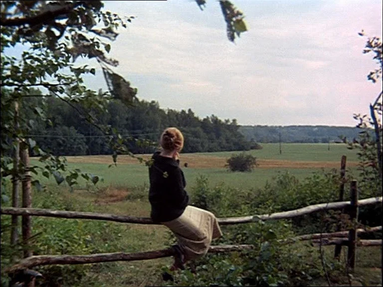 Mirror (Зеркало, Zerkalo) (1975) movie still: fullbody — A rural landscape with a wide green meadow and a distant forest line. A woman sits on a…