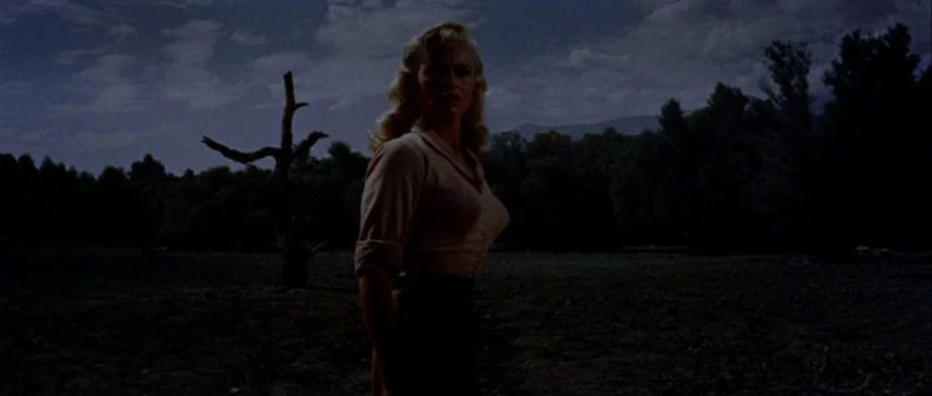 Ride Lonesome (1959) movie still: medium — A dark night landscape featuring a sparse, uneven field with a single dead tree. A blonde woman stands in…
