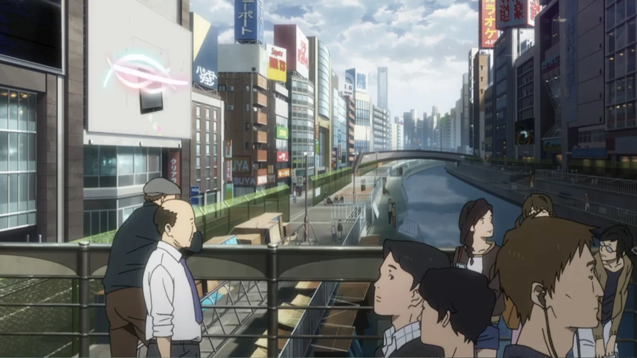 Ghost in the Shell: Arise - Border 1: Ghost Pain (2013) movie still: wide — A Japanese canal area is flanked by tall modern buildings covered in…