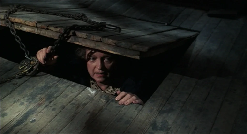Evil Dead II (1987) movie still: medium — An older woman looks out from a dark crawlspace beneath a wooden floorboard opening. She grips the edge of…