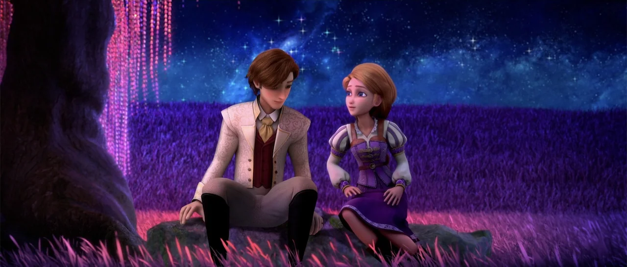 Cinderella and the Secret Prince (2018) movie still: medium — A field at night is illuminated by a glowing purple tree and starry sky. A young man…