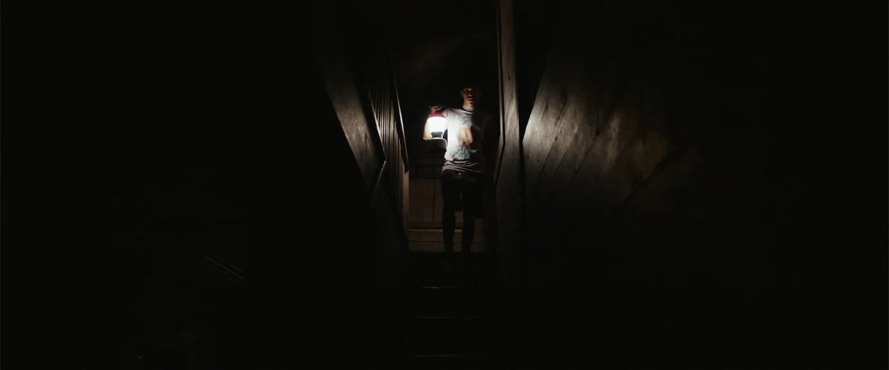 It Comes at Night (2017) movie still: fullbody — A dark wooden staircase interior is cast in deep shadows with minimal ambient light. A young man…