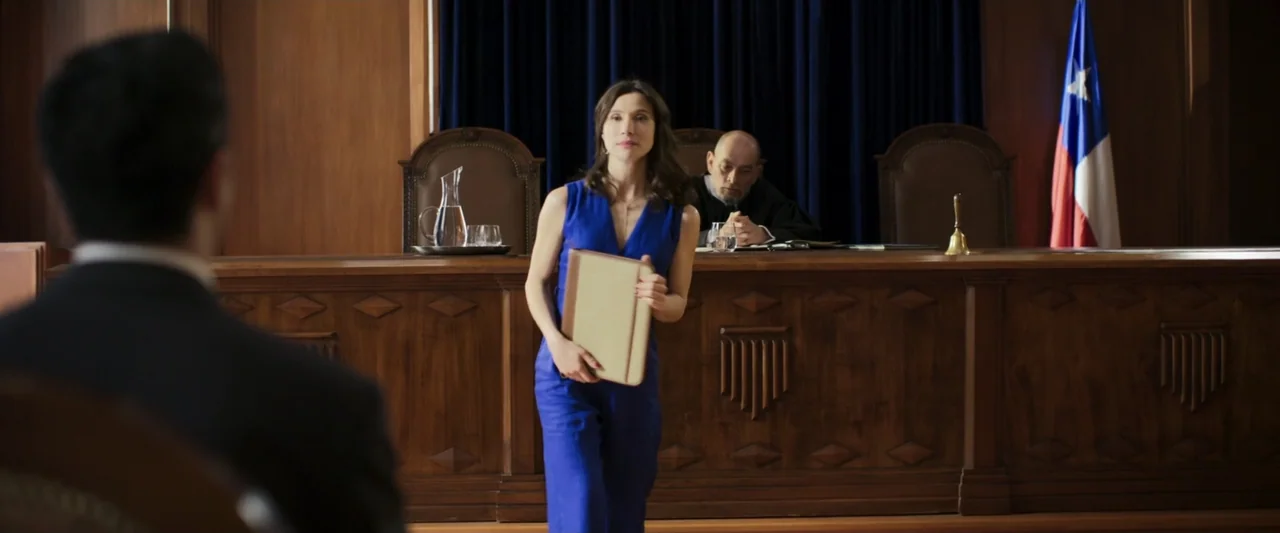 Dog Life (2024) movie still: medium — A wood-paneled courtroom features a bench with a judge sitting behind it. A woman in a blue suit stands in the…