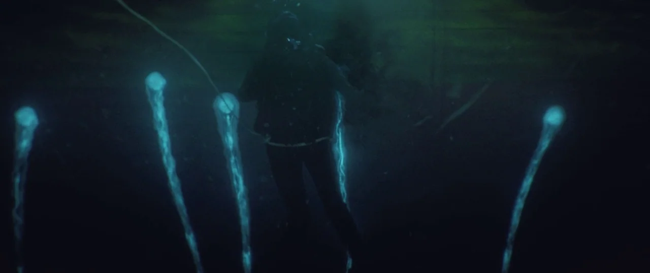 Sea Fever (2019) movie still: wide — A dark, murky expanse of water filled with multiple glowing bioluminescent jellyfish. A lone scuba diver swims…