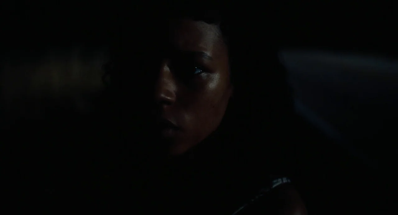 Bones and All (2022) movie still: closeup — A dark, minimally lit interior of a car at night. A young woman looks toward an unseen light source from…