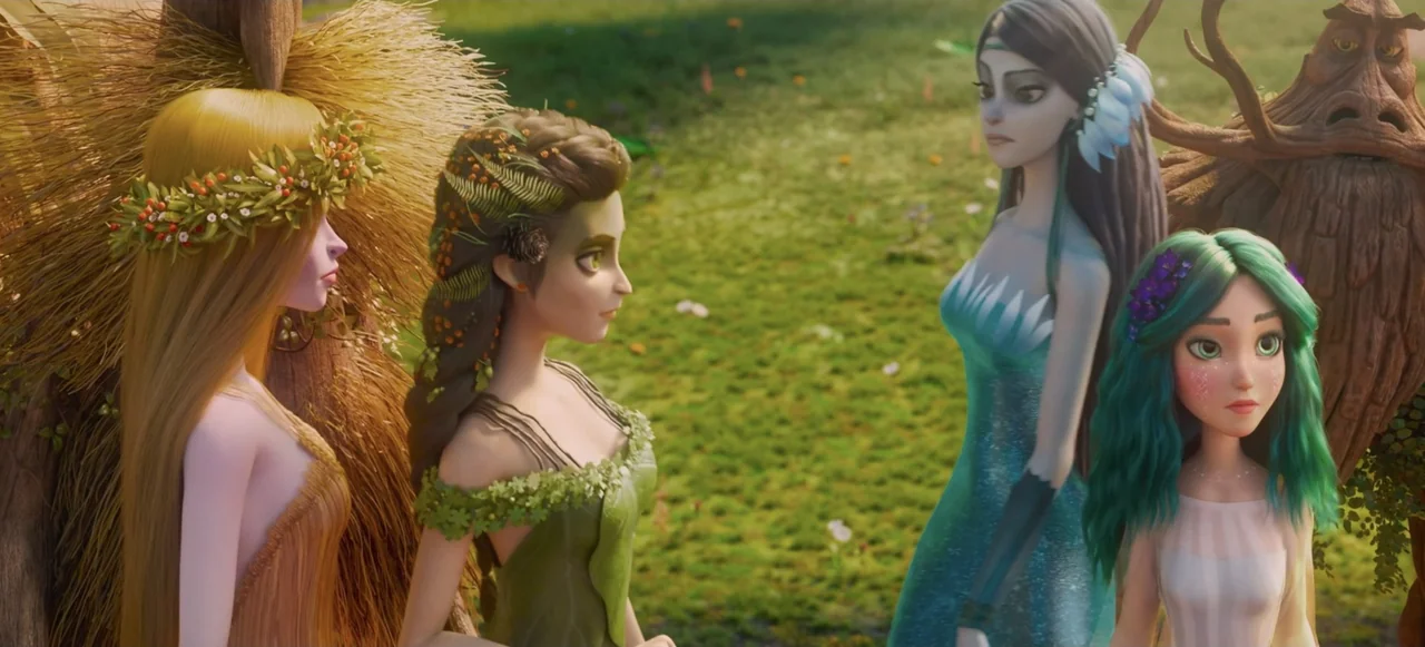 Mavka: The Forest Song (2023) movie still: medium — A sunny grassy meadow provides the setting for four forest spirits standing together. The group…
